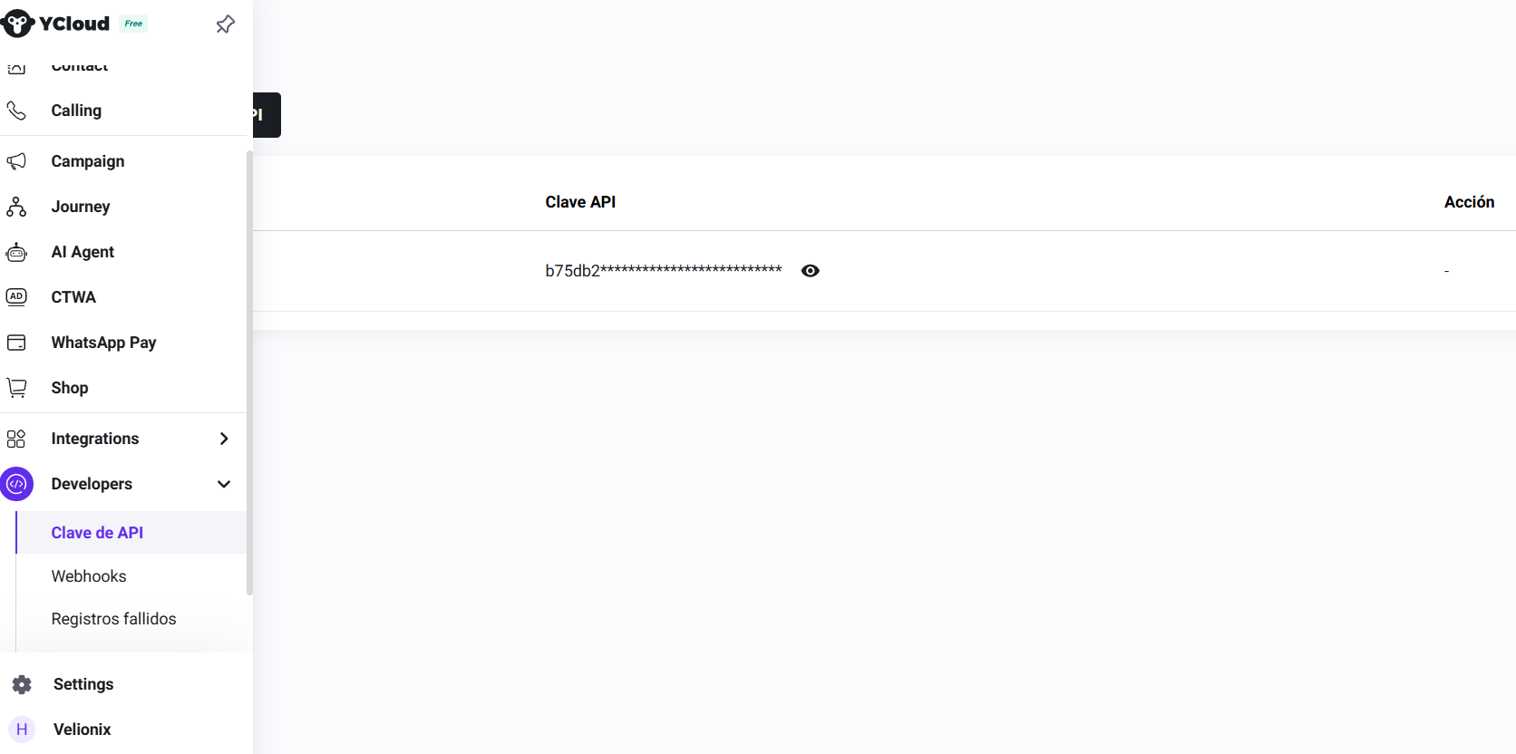 Ubicación de la Clave API en YCloud